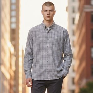 Ermenegildo Zegna Made in Italy 100% Cotton Mens Blue Brown Checkered Shirt in L